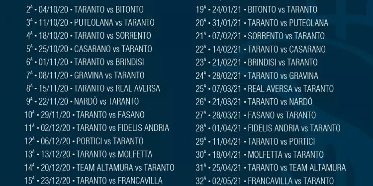 Serie D/H, il calendario completo. Per il Taranto inizio fuori casa