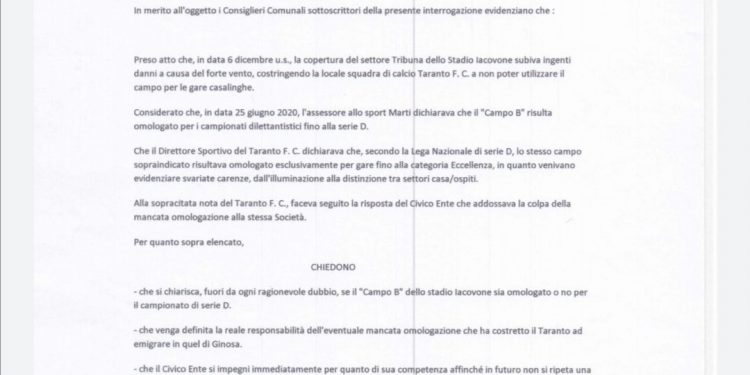 Taranto, presentata interrogazione comunale per il Campo B