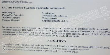 Taranto, ridotta ad un turno la squalifica di Rizzo
