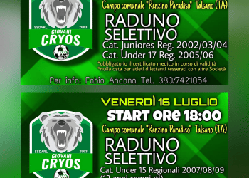 Giovani Cryos, a Talsano raduni per Juniores, Under 17 e Under 15