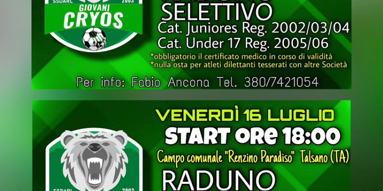 Giovani Cryos, a Talsano raduni per Juniores, Under 17 e Under 15