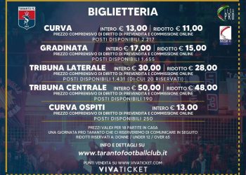 Taranto-Vibonese, parte la prevendita