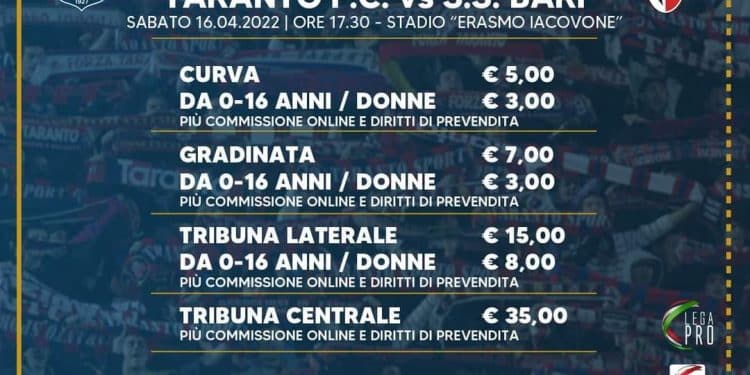 Taranto-Bari, al via la prevendita