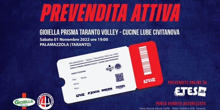 Prisma Taranto Volley, attiva la prevendita per il match contro la Cucine Lube Civitanova