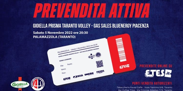 Gioiella Prisma Taranto-Gas Sales Bluenergy Piacenza, al via la prevendita