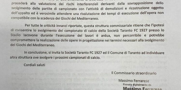 Caos Iacovone: il Taranto torna senza dimora per i prossimi due anni