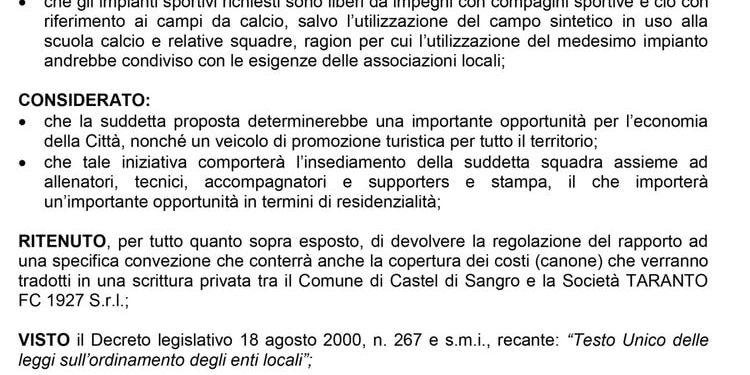 Taranto, c’è la delibera del comune di Castel di Sangro per le gare interne