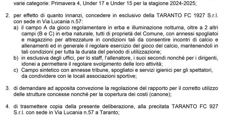 Taranto, c’è la delibera del comune di Castel di Sangro per le gare interne
