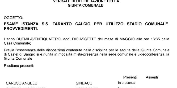 Taranto, c’è la delibera del comune di Castel di Sangro per le gare interne