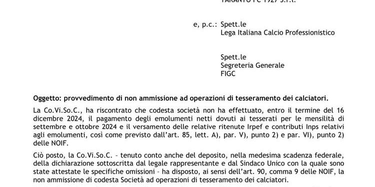 Taranto, la Covisoc blocca il mercato in entrata