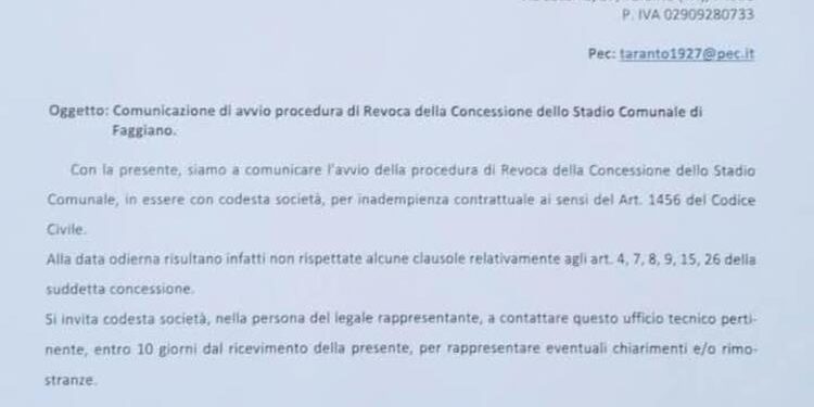 Taranto, avviata revoca concessione stadio di Faggiano