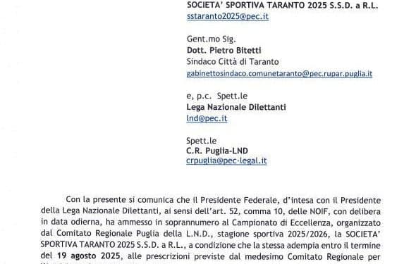 Ecco l’ufficialità, il Taranto farà parte del prossimo campionato di Eccellenza: «Ora costruiamo la squadra»