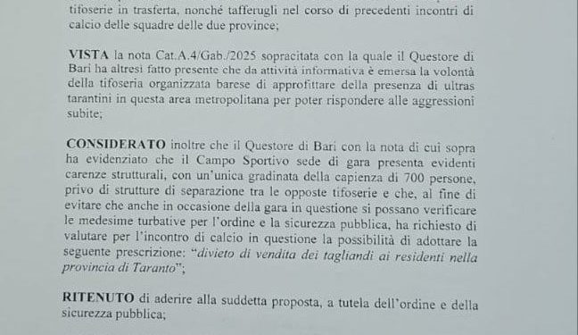 Spinazzola-Taranto a porte “parzialmente” chiuse: stop ai tifosi jonici