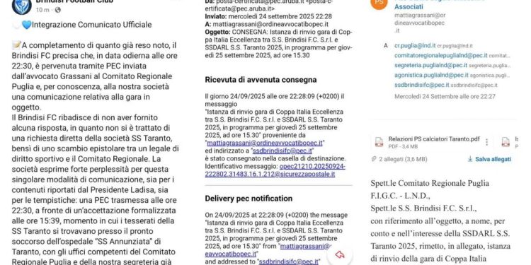 Taranto risponde al Brindisi: «Richiesta di rinvio inviata correttamente»