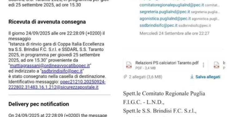 Taranto risponde al Brindisi: «Richiesta di rinvio inviata correttamente»