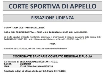 Taranto ricorre in appello: udienza fissata per il 3 ottobre sulla sfida di Coppa Italia contro il Brindisi