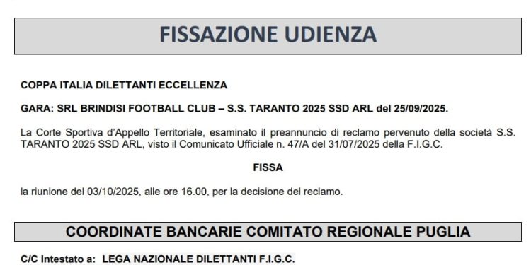 Taranto ricorre in appello: udienza fissata per il 3 ottobre sulla sfida di Coppa Italia contro il Brindisi