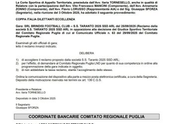 Ribaltone in Coppa Italia: SS Taranto vince il ricorso contro il Brindisi FC
