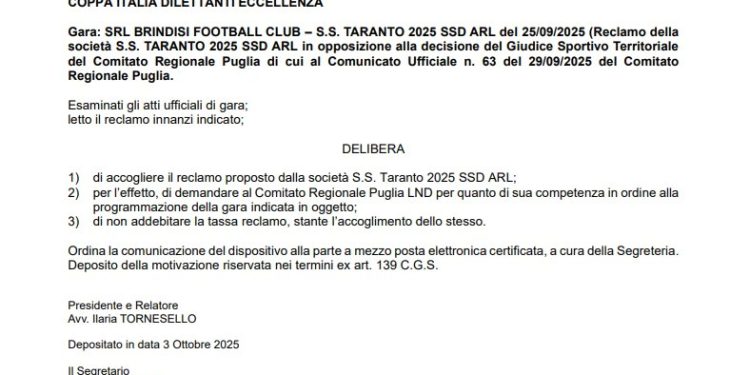 Ribaltone in Coppa Italia: SS Taranto vince il ricorso contro il Brindisi FC