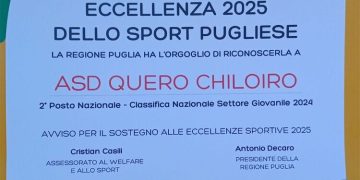 Quero-Chiloiro premiata dalla Regione Puglia: riconoscimento tra le eccellenze sportive 2025