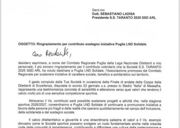 Taranto, un grazie che vale: la società ringrazia il presidente Vito Tisci per il sostegno alla solidarietà