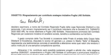 Taranto, un grazie che vale: la società ringrazia il presidente Vito Tisci per il sostegno alla solidarietà