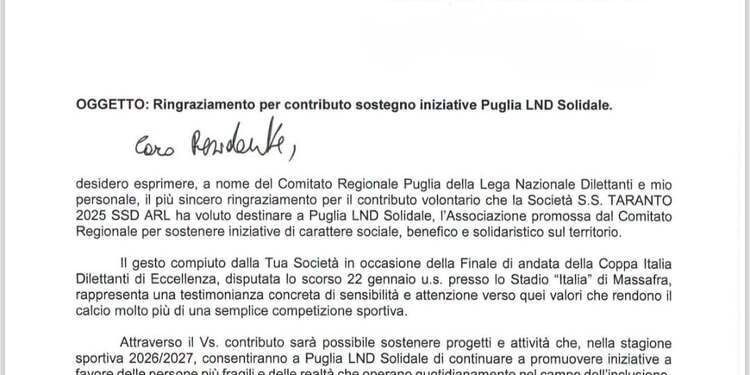 Taranto, un grazie che vale: la società ringrazia il presidente Vito Tisci per il sostegno alla solidarietà